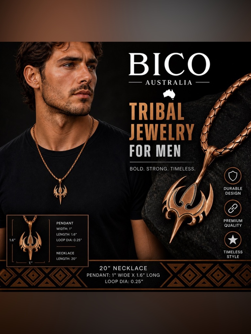 Bico Australia Aegis Tribal Men’s Necklace 20” Copper Plated Pendant NWT Rare